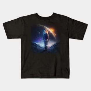 Walking at the moon Blonde girl space galaxy theme Kids T-Shirt